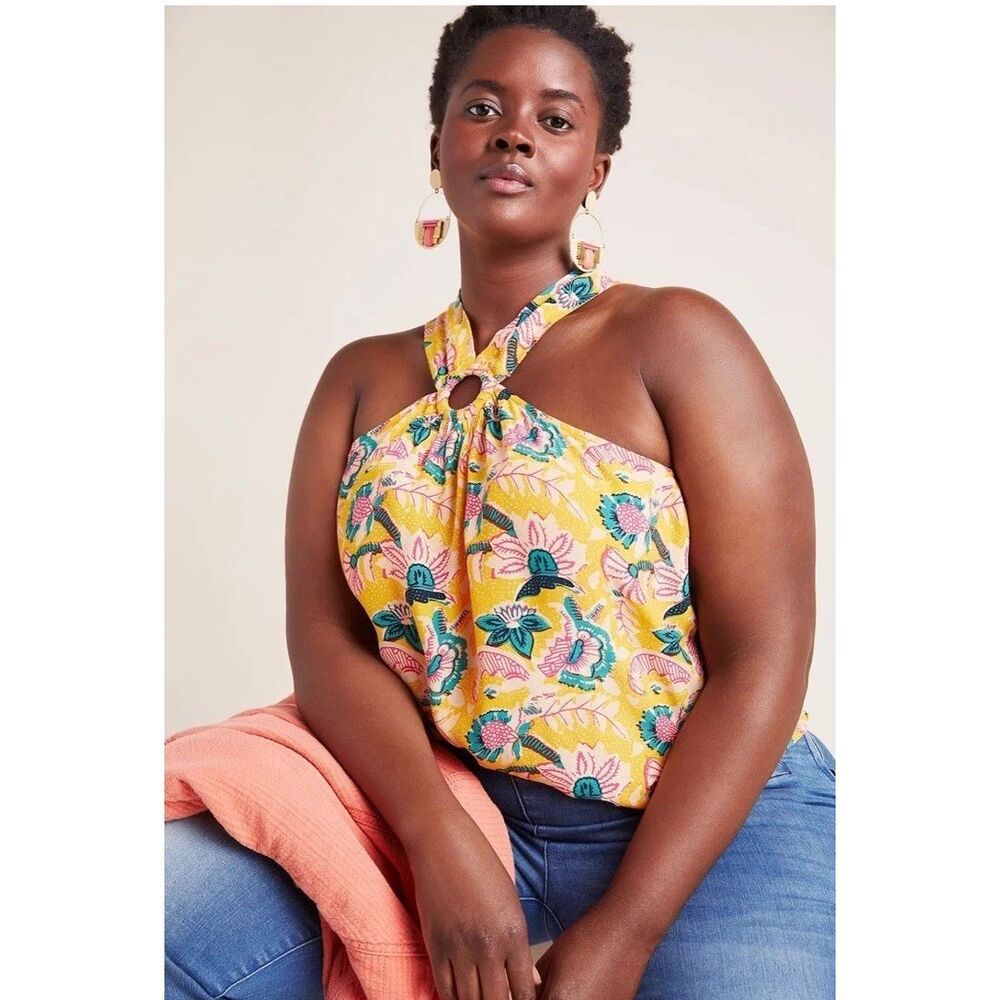 Maeve by Anthropologie Sz 10 Floral Botanical Halter Top Yellow NWT